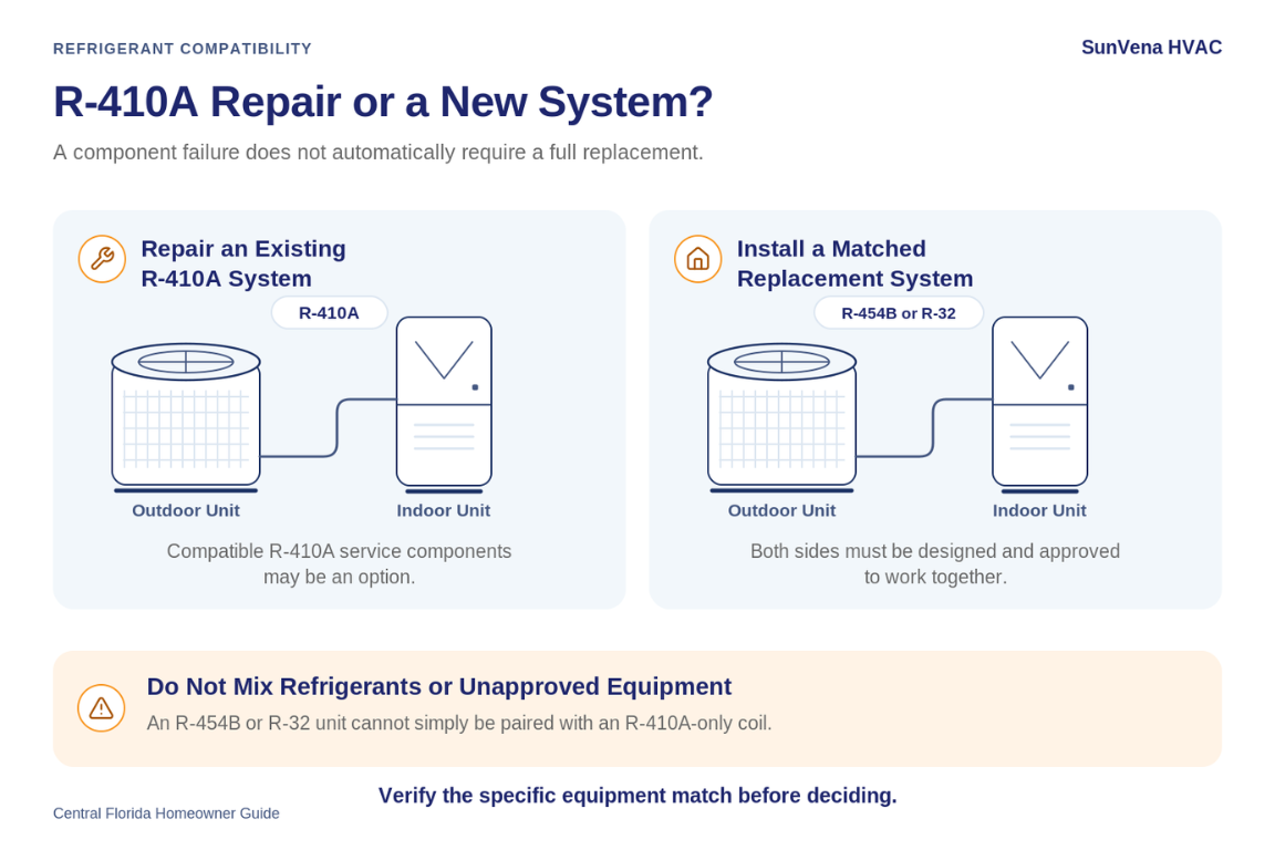 How to Decide Whether to Repair or Replace Your AC in Central Florida R-410A repair versus matched R-454B or R-32 replacement, with a warning against pairing incompatible equipment.